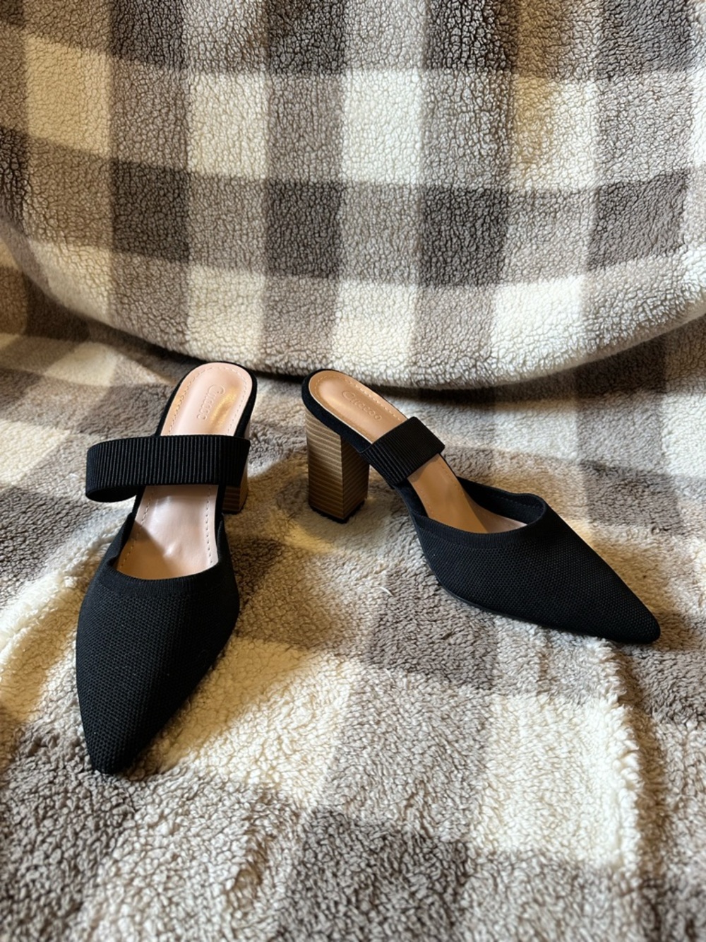 Black Pointed Toe Mules with Ribbed Strap and Block Heel